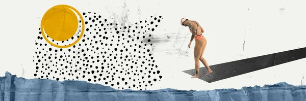 선수였던 여자가 수영복 모자를 트램펄린에서 다이빙할 준비를 있습니다 콜라주 휴가의 — 스톡 사진