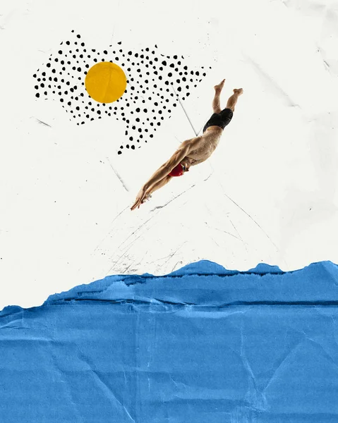 水に飛び込む筋肉の体を持つプロの水泳 トレーニング 現代美術のコラージュ 創造性 想像力 レトロなスタイル 楽しみの概念 創造的なデザイン ポスター — ストック写真