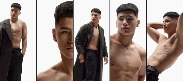 Collage Uppsättning Bilder Ung Asiatisk Kille Med Tydlig Fläckfri Ansikte — Stockfoto