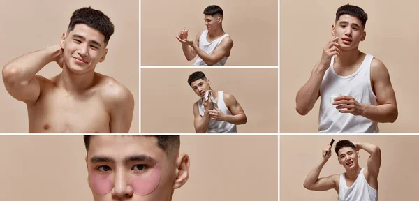 Collage. Set of images of young asian guy with clear, spotless face posing shirtless against white studio background. Concept of male beauty, body and skincare, cosmetology, mens health, fashion