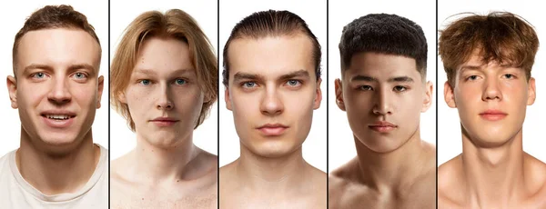 大学生活 一组不同的肖像 看着相机 在白色的背景上摆姿势 男性模特儿 皮肤洁白无瑕 男性健康 美容美发 皮肤护理 男性化妆品的概念 — 图库照片
