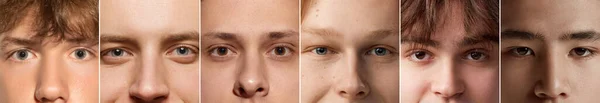 大学生活 一组不同年龄的男性近视脸 看着相机 模型与清晰 无斑点的皮肤 男子健康 美容美发 皮肤护理 卫生和男性化妆品的概念 — 图库照片
