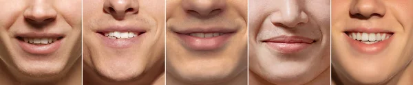 Kolaż Zestaw Zbliżeniowych Obrazów Męskiej Twarzy Ust Modelki Się Uśmiechają — Zdjęcie stockowe