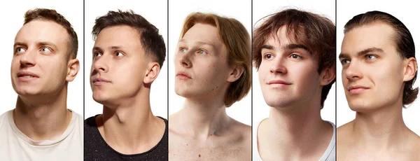 大学生活 五个不同年龄的男人在白色工作室背景下的肖像 男性模特 皮肤清澈 无斑点 男性健康 美容美发 皮肤护理 男性美容术的概念 — 图库照片
