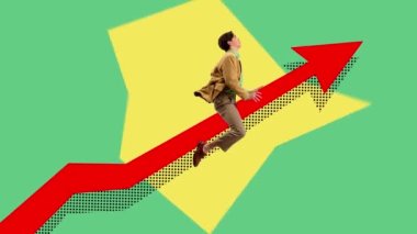 Genç bir erkek çalışan, resmi olarak iş adamı. Finansal oka biniyor. Kişisel ve profesyonel büyüme için başarılı bir strateji. Çağdaş sanat. Hareket etmeyi, animasyonu durdurun. İş kavramı