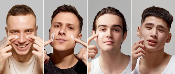 Κολάζ Νέοι Άνδρες Πεντακάθαρο Καθαρό Πρόσωπο Που Φροντίζουν Μετά Δέρμα — Φωτογραφία Αρχείου