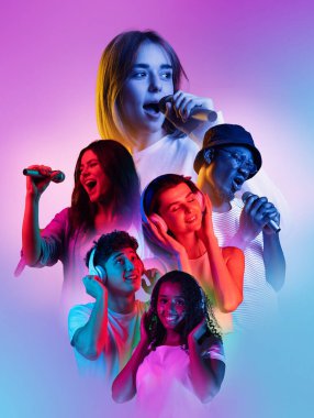 Kolaj. Gençler, erkekler ve kadınlar kulaklıkla müzik dinliyorlar, mikrofonla neon renkli arka planda şarkı söylüyorlar. İnsan duyguları, gençlik, yaşam tarzı kavramı. İlan ilanı, poster