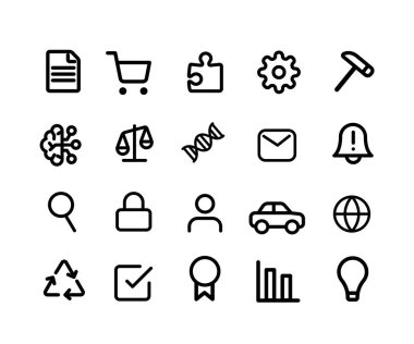 Sosyal pazarlama, işletme, lojistik, bilim, alışveriş arabası, dokümanlar, ayarlar, gereçler, geri dönüşüm, fikirler, grafikler, yenilikler, web, insan kaynakları, bilişim ve iletişim için farklı simgeler