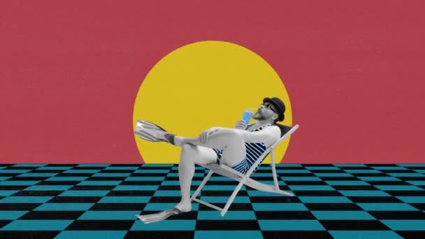 動くなアニメーション 現代美術 縞模様の水着の男が座ってカクテルを飲む 夏休み リラックス シュルレアリスム 創造性 インスピレーション 想像力 レトロなスタイルのコンセプト — ストック動画