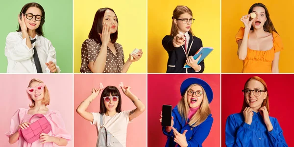 Collage Made Different Portraits Young Beautiful Women Posing Diverse Clothes — Stock Photo, Image