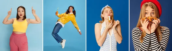 複数の色の青の背景の上にポーズ4つの異なる美しい若い女の子で作られたコラージュ スポーツ パーティー ファッション レジャー活動 ライフスタイル 多様性 趣味の概念 — ストック写真