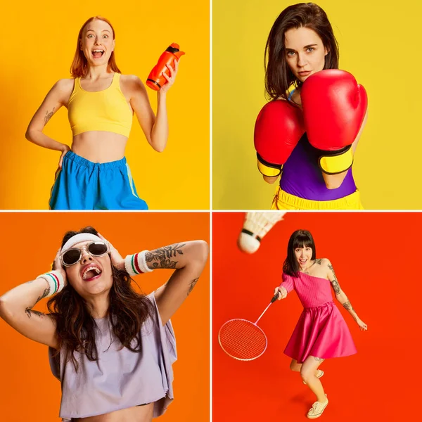 Collage Aus Vier Verschiedenen Jungen Mädchen Sportkleidungstraining Die Vor Buntem — Stockfoto