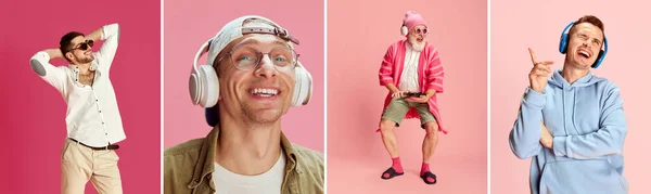 Collage Gjord Olika Glada Leende Positiv Man Lyssnar Musik Dans — Stockfoto