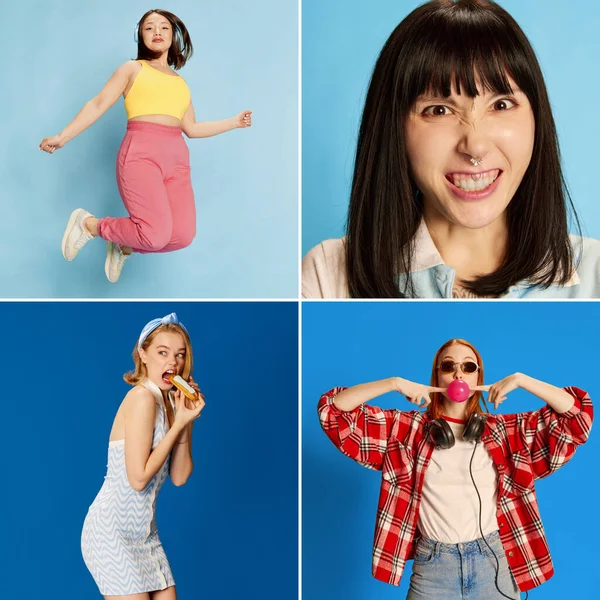 Collage Composé Quatre Belles Jeunes Filles Différentes Montrant Diverses Émotions — Photo
