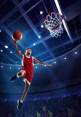 Dynamic image of little boy, child, basketball player in motion, jumping with ball during match on 3D stadium with flashlights. Championship. Concept of professional sport, competition, action, motion clipart