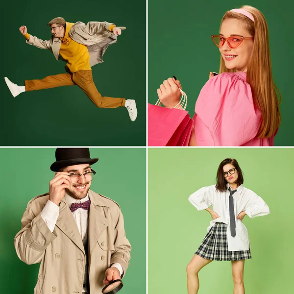 Collage Gemaakt Van Verschillende Jongeren Verschillende Levenssituaties Poseren Groene Achtergrond — Stockfoto