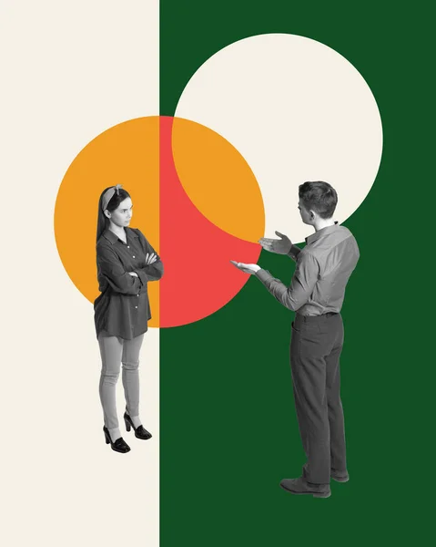 Man and woman, employees communicating on business questions, making plans and cooperation. Contemporary art collage. Concept of office, business, career, success, teamwork. Creative design