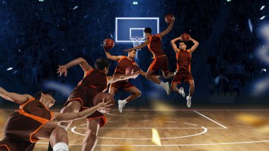 Yaratıcı kolaj. Yarışma sırasında. Profesyonel erkek basketbolcu maç sırasında basket topunu potaya fırlatıyor. Spor yaşam tarzı, eylem ve hareket, yaratıcılık ve sağlık kavramı