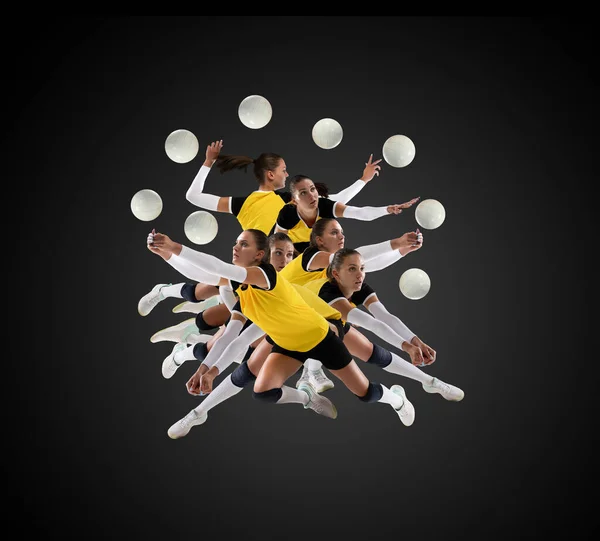 Творческий Коллаж Женщина Бейсболистка Желтой Форме Движении Мячом Черном Фоне — стоковое фото