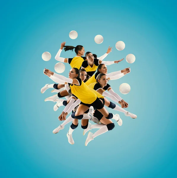 Kreative Collage Mädchen Baseballspieler Gelber Uniform Bewegung Mit Ball Vor — Stockfoto
