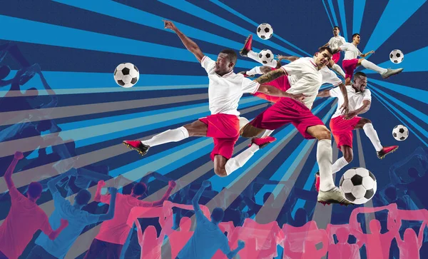 創造的なコラージュ ブルーを背景にスポーツファンのシルエットでボールが遊んでいる動きの男性サッカー選手 スポーツライフスタイル アクションと運動 創造性と健康の概念は — ストック写真