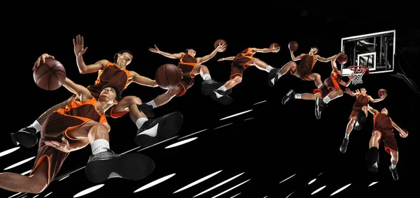 創造的なコラージュ 動きのステージ 黒を背景にした動きのプロバスケットボール男子選手 得点の目標 スポーツライフスタイル アクションと運動 創造性と健康の概念 — ストック写真