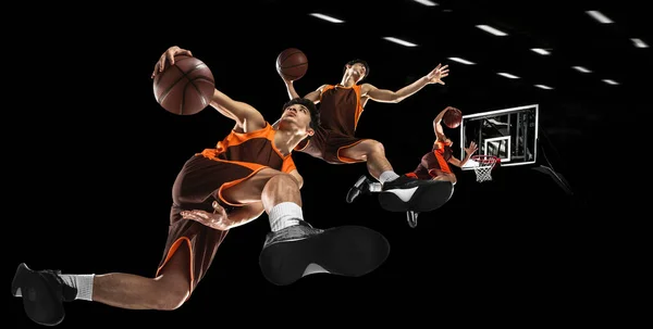 Творческий Коллаж Соревнование Молодой Человек Профессиональный Баскетболист Форме Прыгает Мячом — стоковое фото