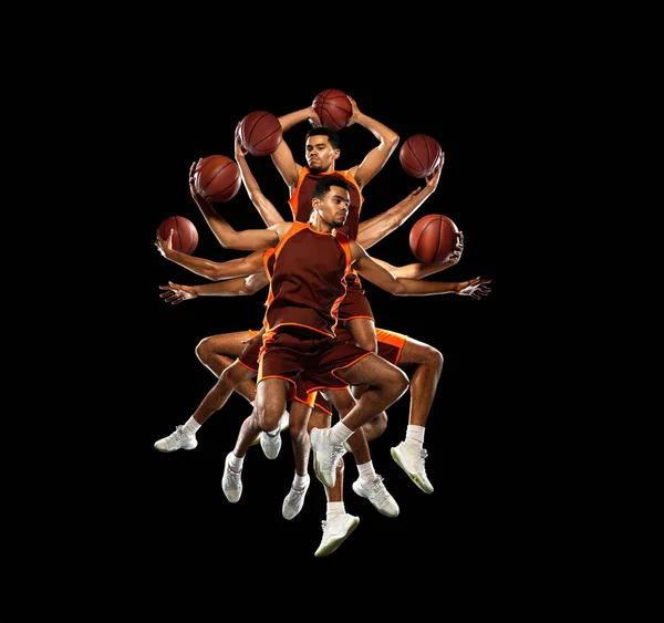 創造的なコラージュ プロの男性バスケットボール選手 黒を背景にボールと動きの均一なチャンピオン スポーツライフスタイル アクションと運動 創造性と健康の概念 — ストック写真