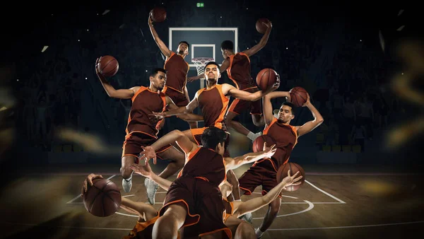 Creatieve Collage Wedstrijd Jongeman Professionele Basketbalspeler Beweging Tijdens Het Spel — Stockfoto