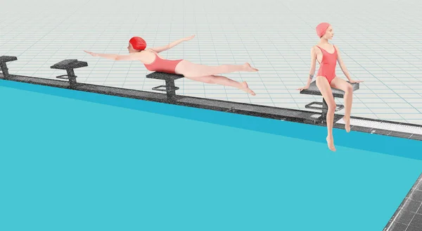 Two young girls, swimming athletes in red swimsuits and cam training near swimming pool. Sportive lifestyle. Contemporary art collage. Concept of sport, retro style, creativity, fashion, activity.