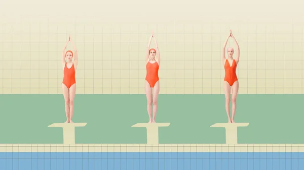 Genç Kızlar Kırmızı Mayolu Yüzücüler Başlangıç Bloklarında Duruyorlar Havuza Atlayıp — Stok fotoğraf