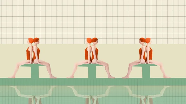 Δύο Νεαρά Κορίτσια Αθλητές Κολύμβησης Κόκκινα Μαγιό Κάθονται Πλάτη Πλάτη — Φωτογραφία Αρχείου
