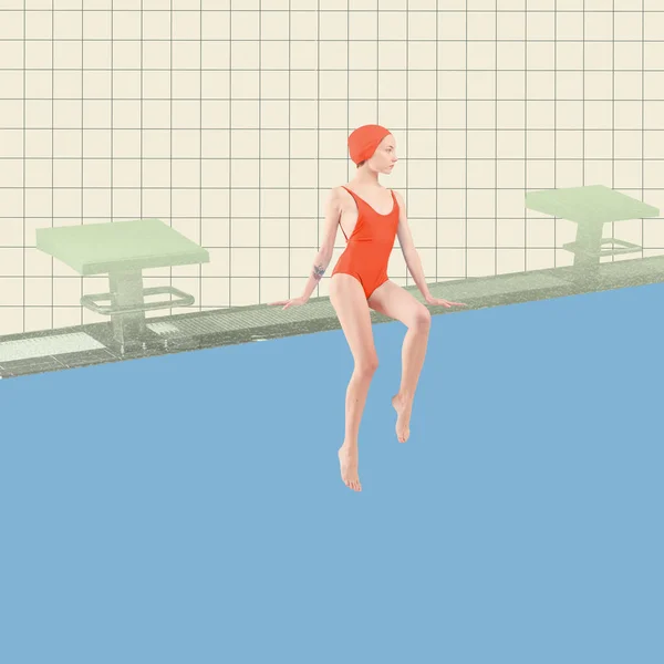 Rapariga Fato Banho Vermelho Touca Natação Sentada Piscina Pronta Nadar — Fotografia de Stock