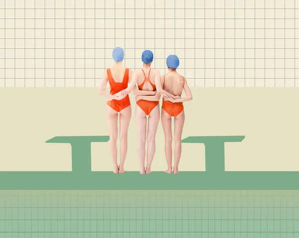 Tři Mladé Dívky Plavající Atleti Červených Plavkách Stojící Bazénu Připravené — Stock fotografie