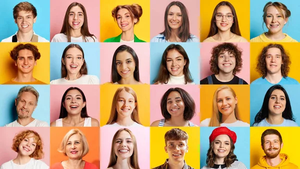 由不同年龄 不同性别的人的肖像组成的学院 呈现积极的姿态 对着五彩斑斓的背景微笑 人类情感的概念 生活方式 面部表情 — 图库照片