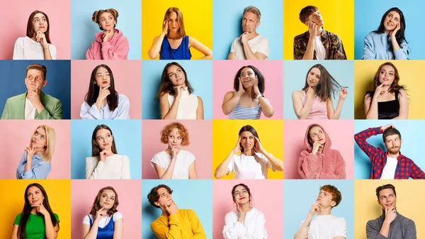 Collage Hecho Retratos Diferentes Jóvenes Hombres Mujeres Posando Con Caras — Foto de Stock