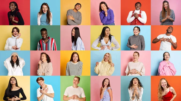 Mutluluk Farklı Yaş Cinsiyet Irktan Gençlerin Portrelerinden Yapılmış Kolaj Çok — Stok fotoğraf