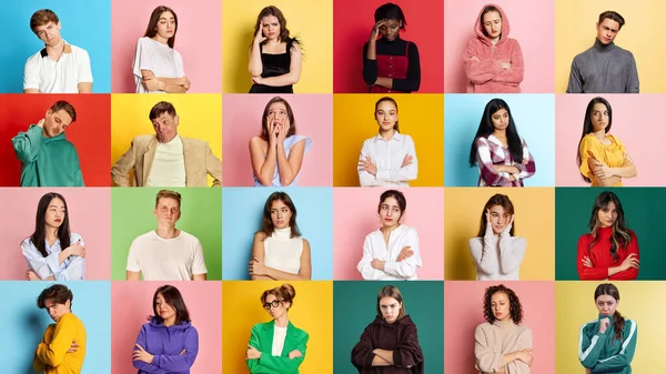 Collage Porträtt Unga Män Och Kvinnor Poserar Med Olika Sorgliga — Stockfoto