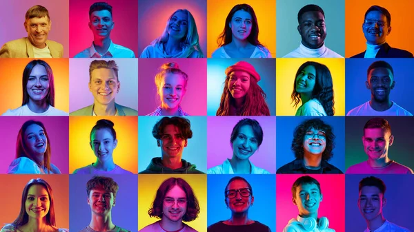 学院由不同年龄 性别和种族的年轻人的肖像组成 他们在霓虹灯下对着五颜六色的背景微笑 人类情感的概念 生活方式 面部表情 — 图库照片