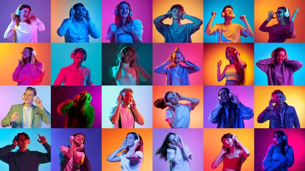 Collage Hecho Retratos Diferentes Personas Hombres Mujeres Escuchando Música Auriculares — Foto de Stock