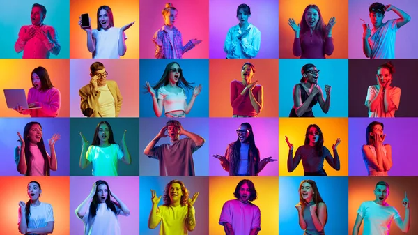Kollázs Különböző Fiatalok Portréiból Kütyükkel Elképedt Arcokkal Többszínű Háttérrel Neon — Stock Fotó
