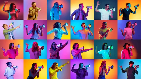 Collage Hecho Retratos Diferentes Personas Gritando Emocionalmente Megáfono Sobre Fondo — Foto de Stock