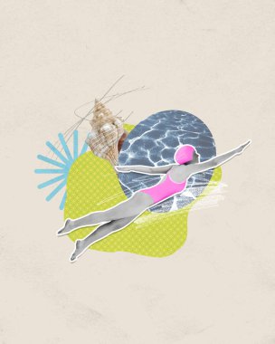 Parlak mayo ve şapkalı genç bir kız, kaplıca merkezinde sıcak suyun tadını çıkarıyor. Pastel arka plan. Çağdaş sanat kolajı. Yaz tatili kavramı, ilham, seyahat, tatil, dinlenme