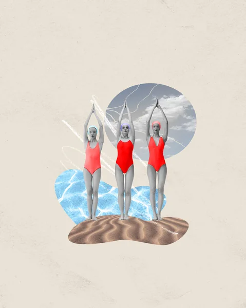 Троє Молодих Дівчат Купальниках Стоять Теплому Піску Пляжі Готуються Плавання — стокове фото