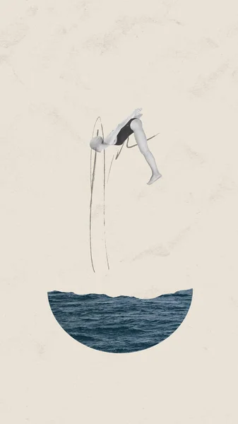 水着姿の少女と 抽象的な海に潜る水泳キャップ 現代美術のコラージュ パステルカラーの背景 夏休み インスピレーション 休息の概念 垂直配置 — ストック写真
