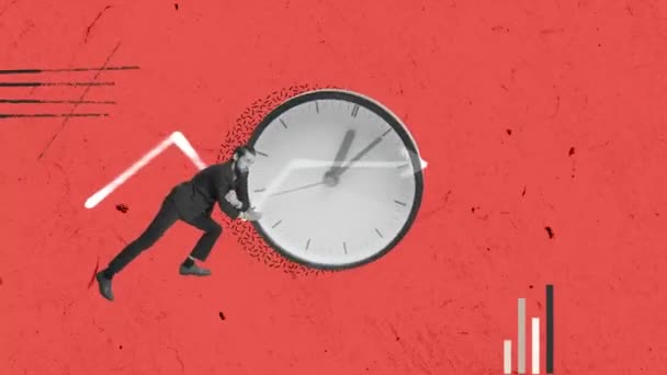 Stop Motion Animation Zeitmanagement Geschäftsmann Angestellter Der Die Uhr Vorantreibt — Stockvideo