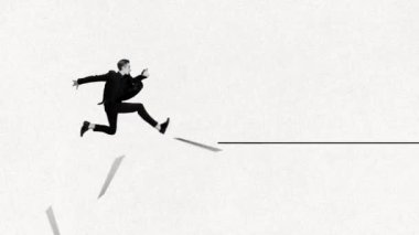 Hareket etmeyi, animasyonu durdurun. Takım elbiseli hırslı genç adam zorlukların üstesinden geliyor ve profesyonel başarıya doğru ilerliyor. Pankart. İş, kariyer geliştirme, motivasyon, zorluklar, büyüme kavramı