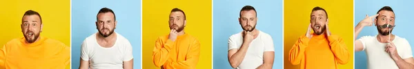 Collage Gjord Porträtt Skäggig Ung Man Avslappnade Kläder Poserar Mot — Stockfoto