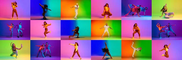 大学生活 不同的年轻人 男人和女人 职业舞蹈家 在霓虹灯下 在五颜六色的背景下表演嘻哈 当代舞蹈风格 动作概念 — 图库照片