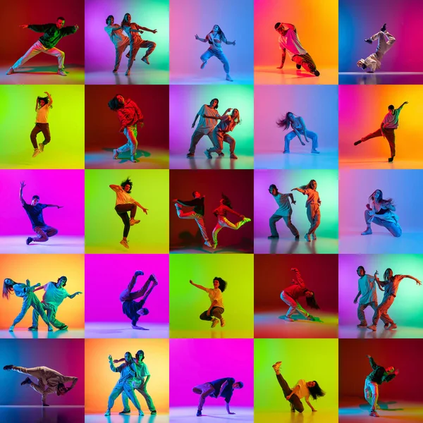 コラージュ 多様な若者 男性と女性のヒップホップ ネオンの光の中で多色を背景にパフォーマンスするフリースタイルのダンサー コンテンポラリーダンスのスタイル 動きの概念 — ストック写真